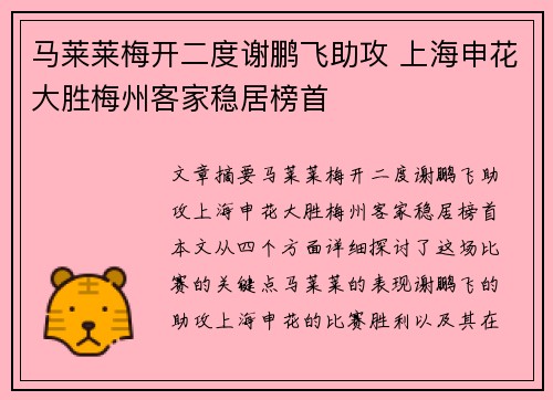 马莱莱梅开二度谢鹏飞助攻 上海申花大胜梅州客家稳居榜首