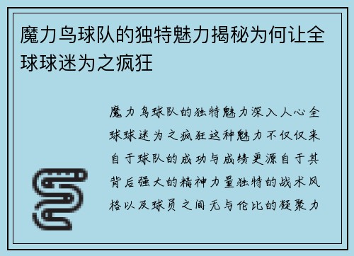 魔力鸟球队的独特魅力揭秘为何让全球球迷为之疯狂 魔力鸟球队的独特魅力揭秘为何让全球球迷为之疯狂
